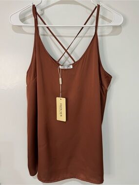 Ekouaer Brown Satin Crisscross Strap‎ Cami